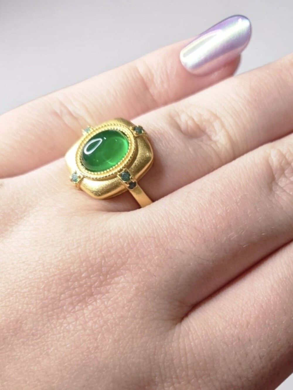 18k Matte Gold Plated European Style Emerald Cabochon Crystal Ring - Picture 5 of 6